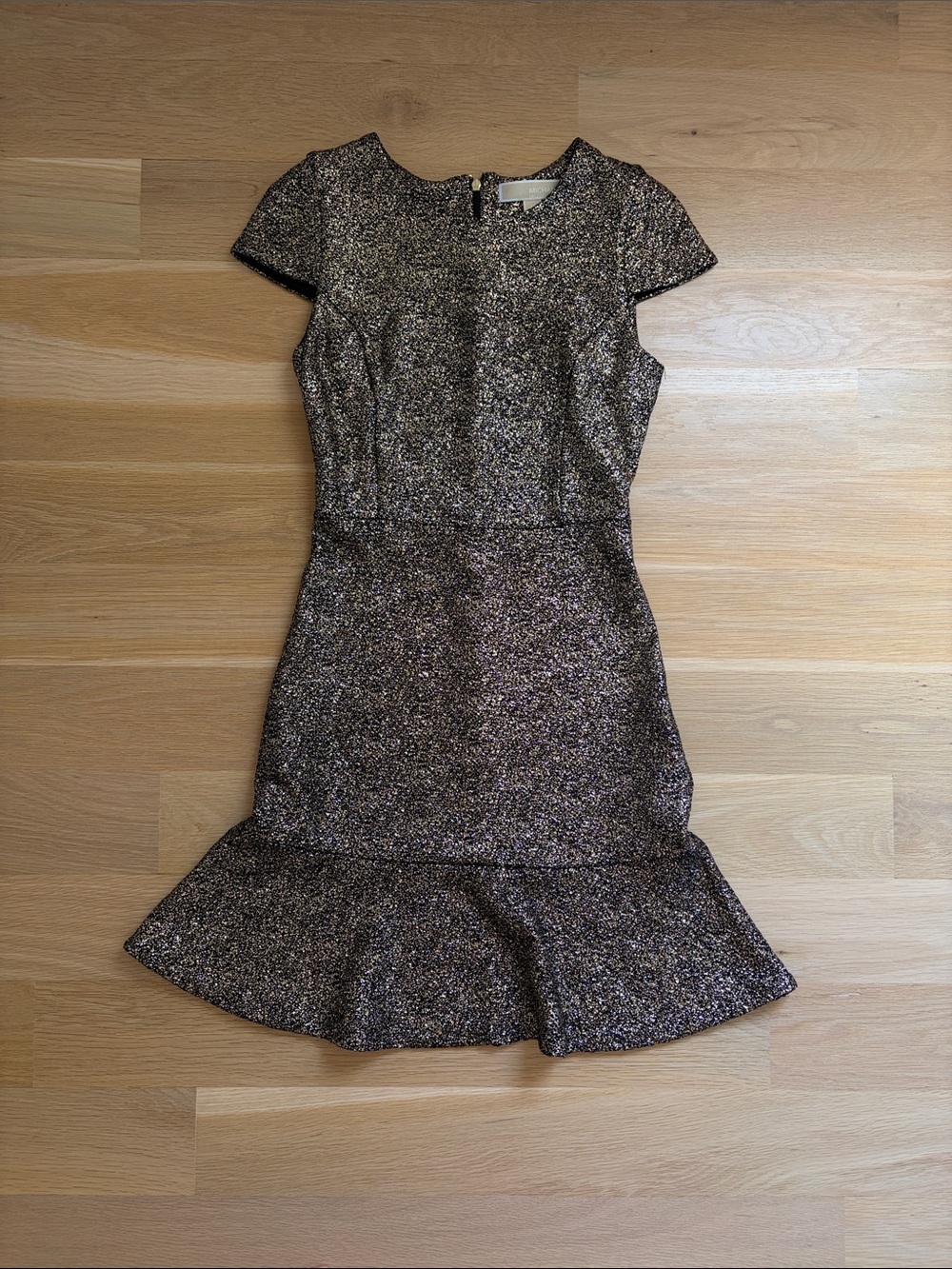 Michael Kors Gold Metallic Bronze Cap-Sleeve Peplum Hem Dress XS